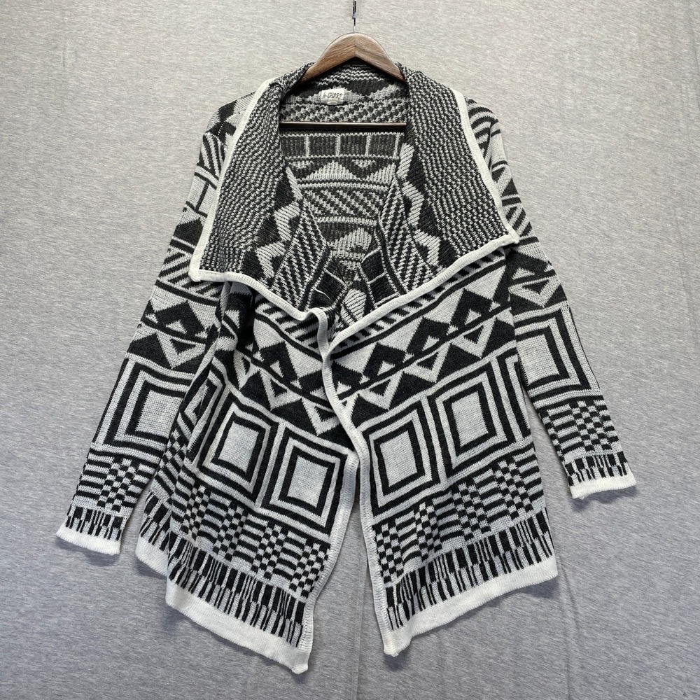 b-Sharp Cardigan Sweater Womens Medium Black White Geometric Knitted Open Front